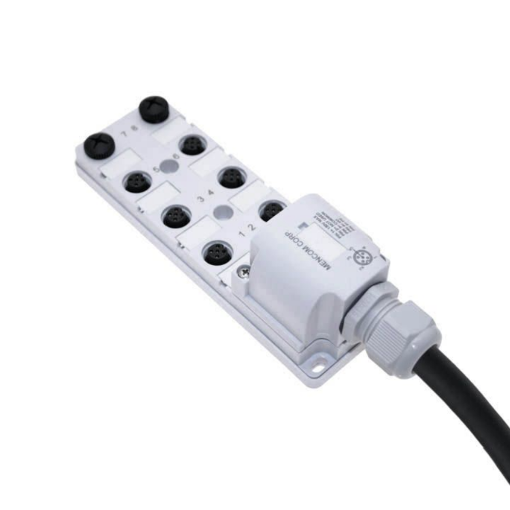 JDC-84P-211-C050 MENCOM JUNCTION BLOCK<br>8-4 PIN M12 / 5M SIDE EXIT PUR BK 48VDC PNP LED